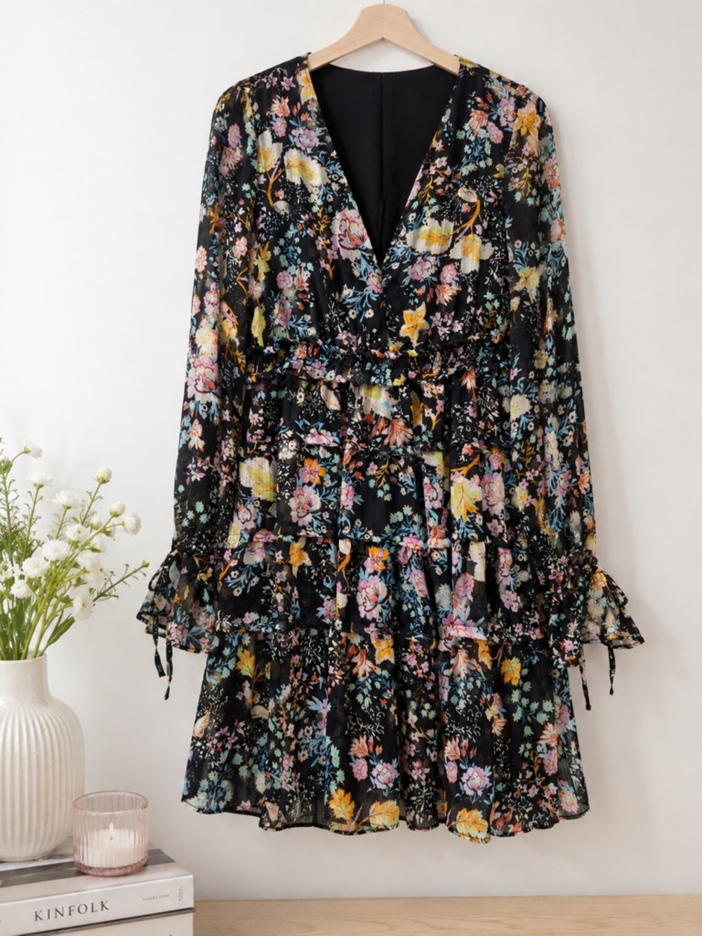 Free People Closer to the Heart Mini Dress Size M Black Floral Tiered Ruffle